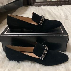Fabulous suede loafers w/gunmetal pearl embellishment.